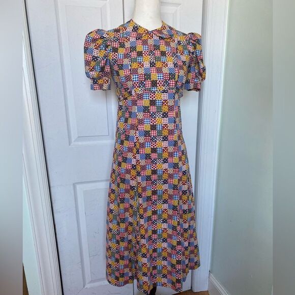 1970s Baby Doll Cottage Core Patchwork Pattern Maxi Dress
